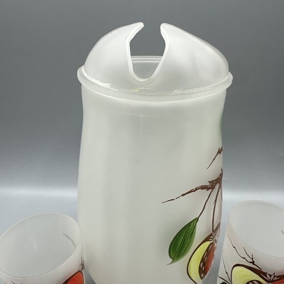 Vintage Gay Fad Hazel Atlas Frosted Pitcher Glass Set Stone Fruit Hand-Painted - Picture 5 of 11